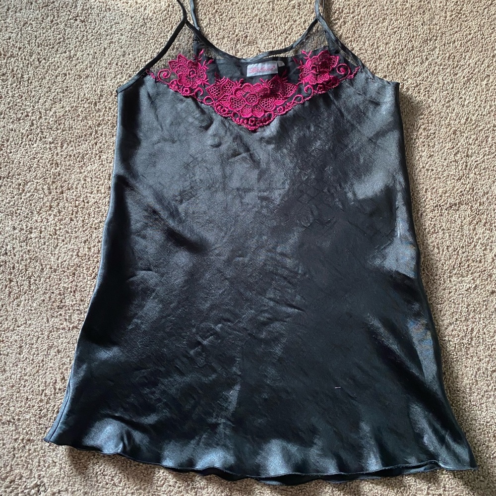 Babane black satin slip dress with pink lace